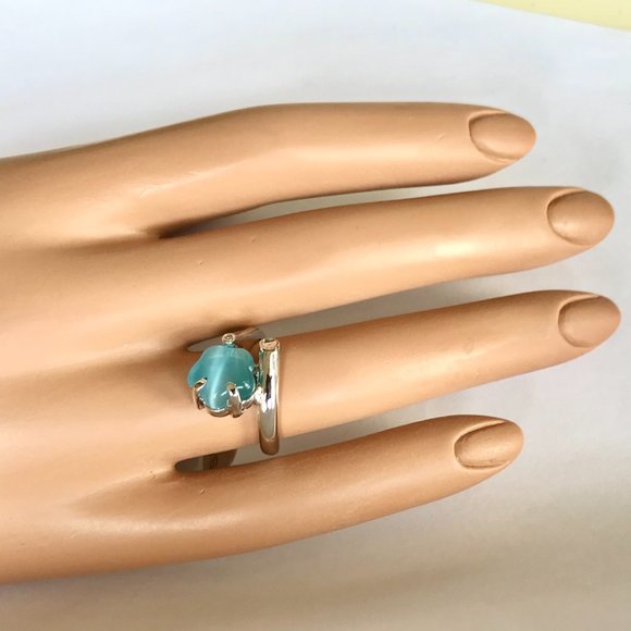 Vintage Aqua Blue Cats Eye Stone Flower Ring Size 7 Wrap Retro Silver Plated - Picture 5 of 11